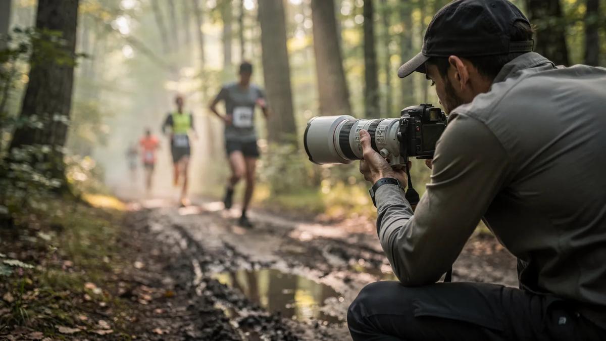 Photographe accroupi au bord d'un sentier forestier, appareil hybride et téléobjectif pointés vers des coureurs de trail