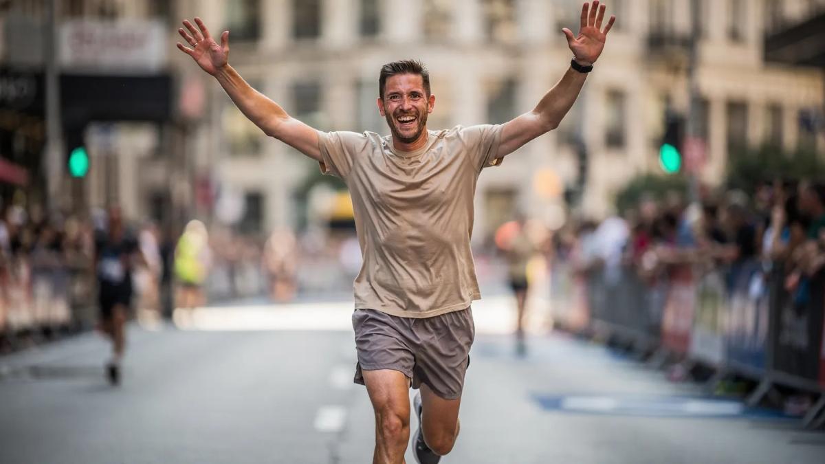 Coureur amateur qui sourit et lève les deux bras pendant une course en ville, public flou à l'arrière-plan