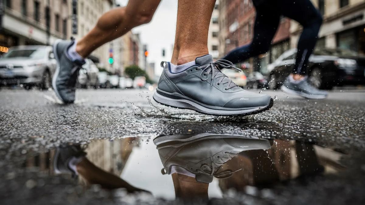Prise de vue au ras du sol d'une rue mouillée : les pieds des coureurs éclaboussent, une flaque reflète la scène