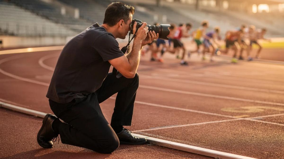 Photographe de sport agenouillé au bord d'une piste d'athlétisme, téléobjectif pointé vers des sprinteurs